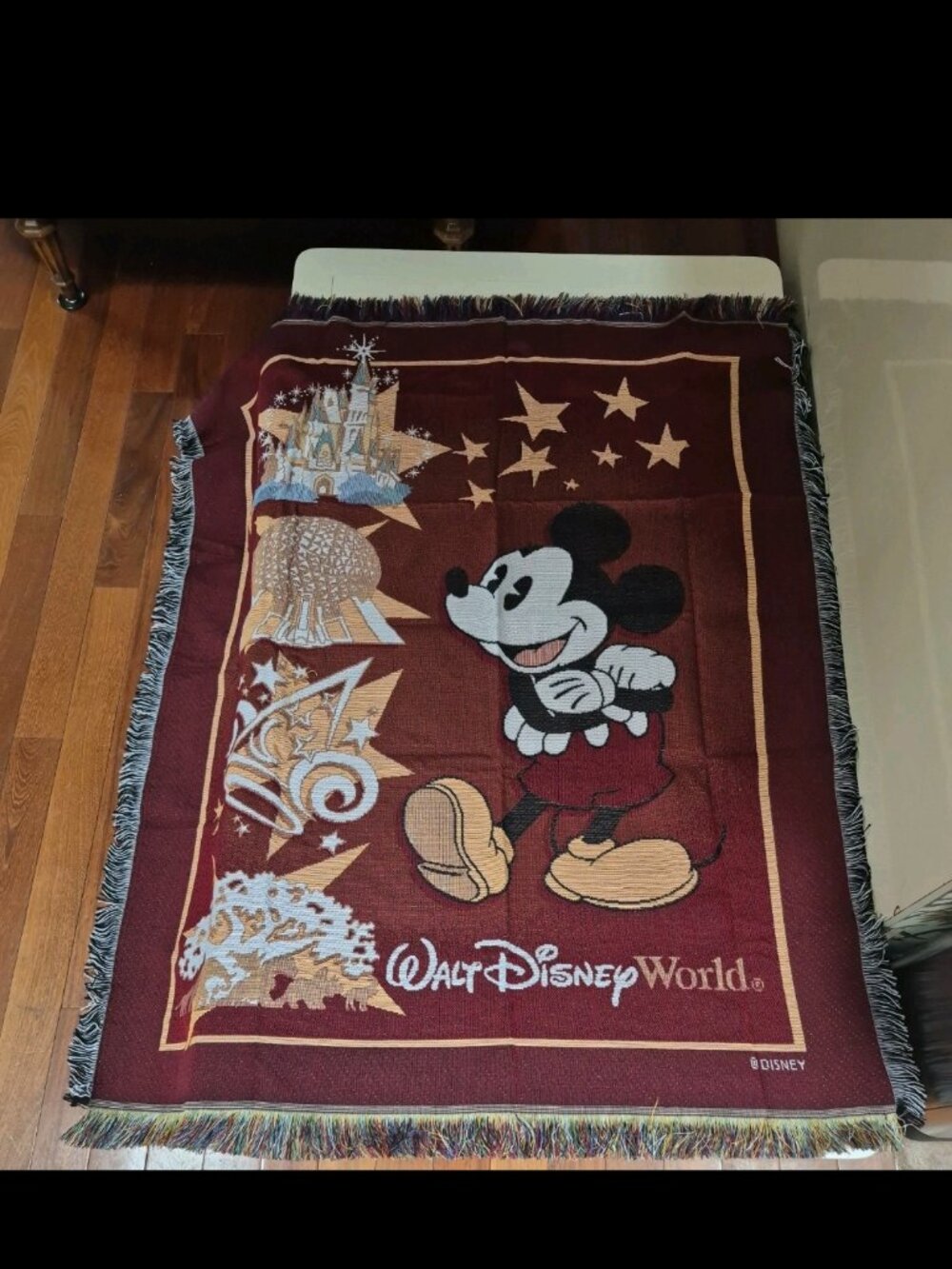 Walt Disney World Park Mickey Mouse Knit Tapestry Throw Blanket Fringe 58" × 46"